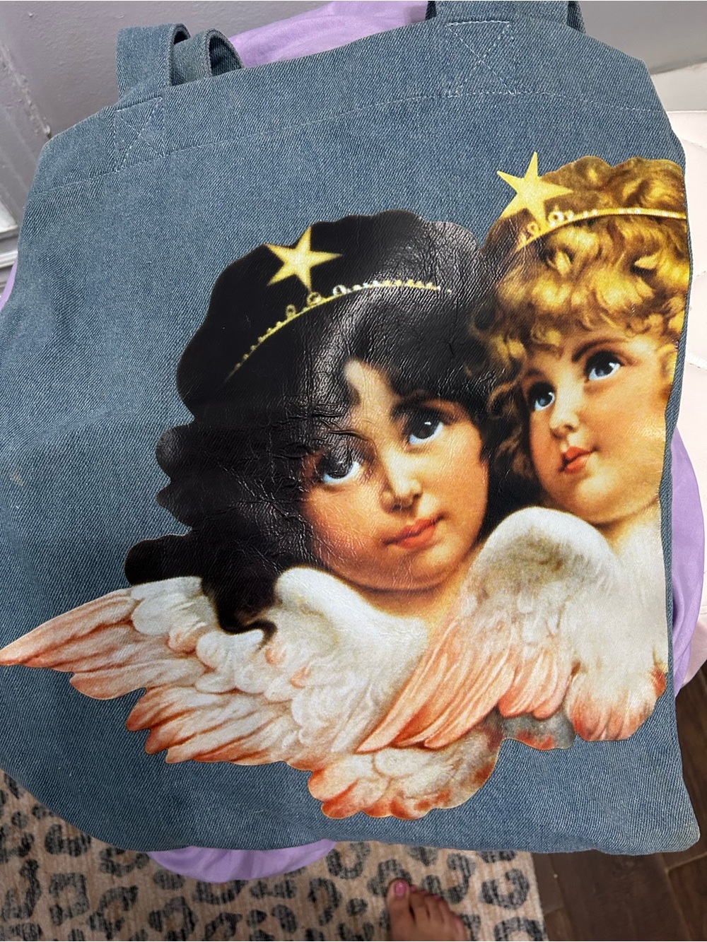 Fiorucci Denim Tote with Angel Print - Blue, Pink, Gold